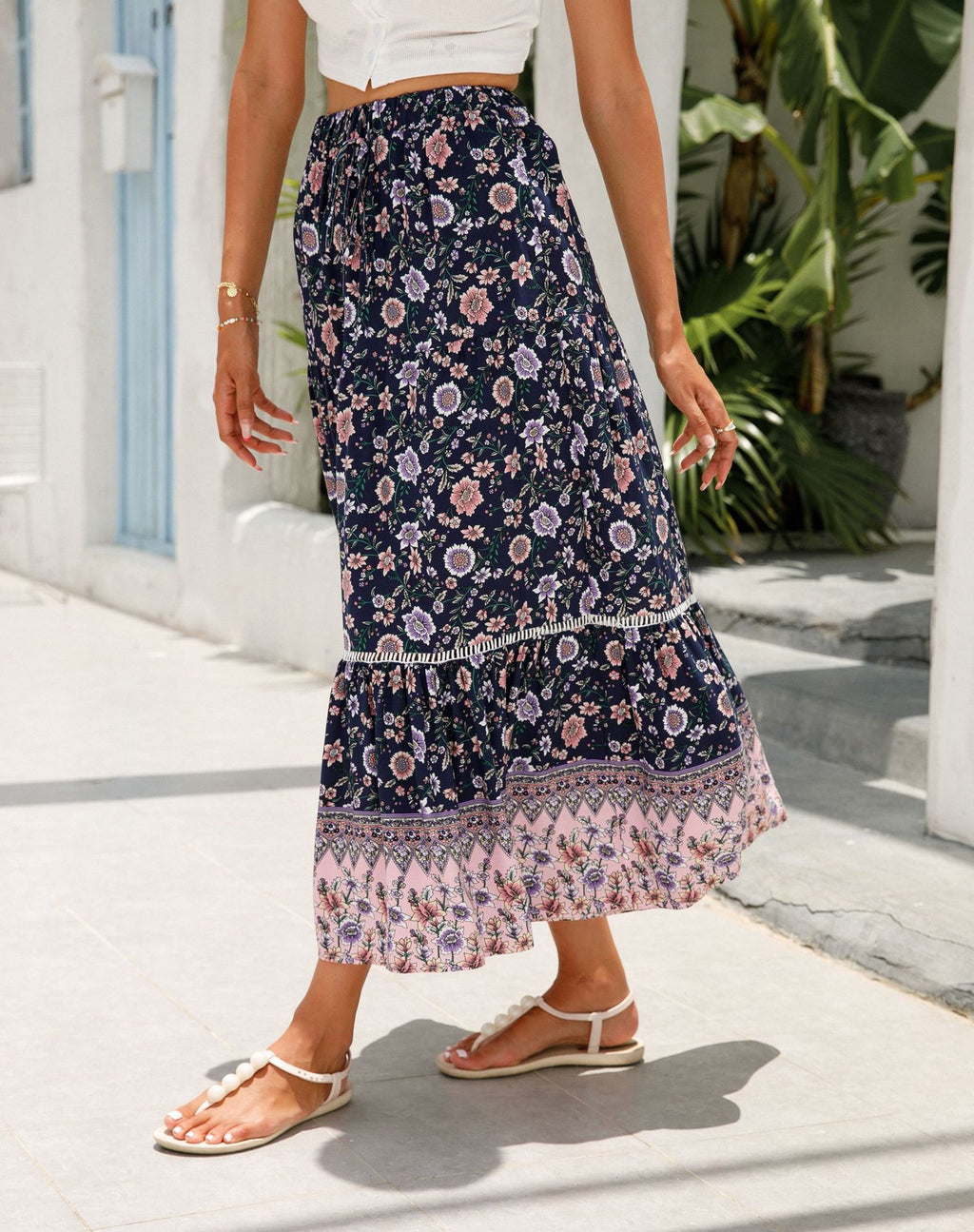 Floral Border Print Tiered Midi Skirt - Dark Blue - 3