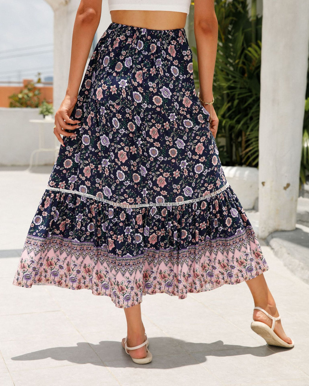 Floral Border Print Tiered Midi Skirt - Dark Blue - 4