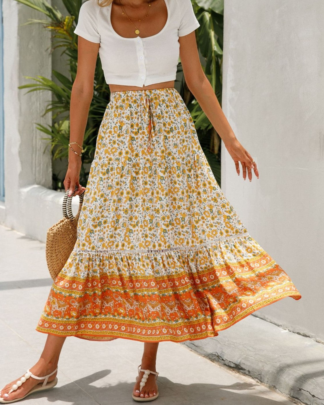 Floral Border Print Tiered Midi Skirt - Orange