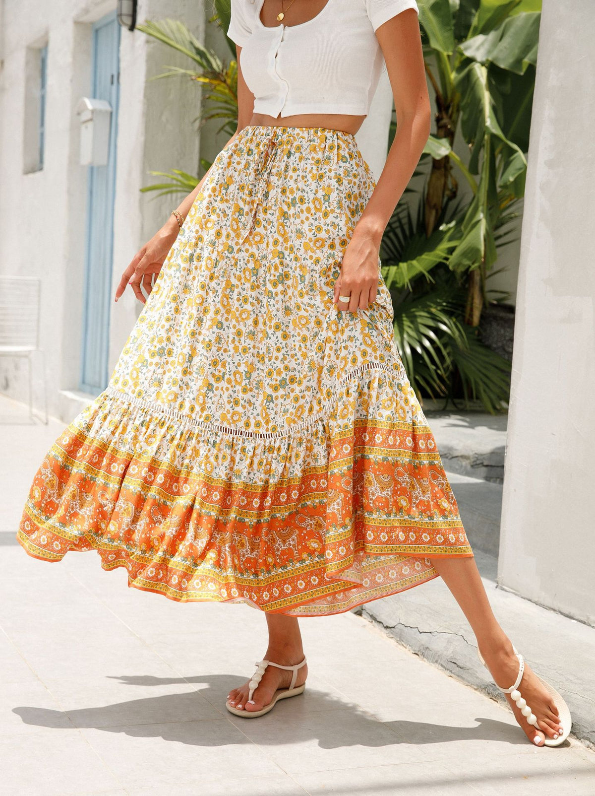 Floral Border Print Tiered Midi Skirt - Orange - 1