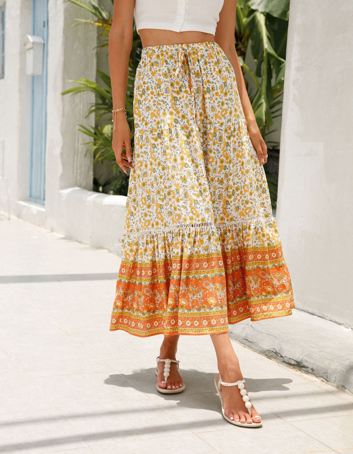 Floral Border Print Tiered Midi Skirt - Orange - 2