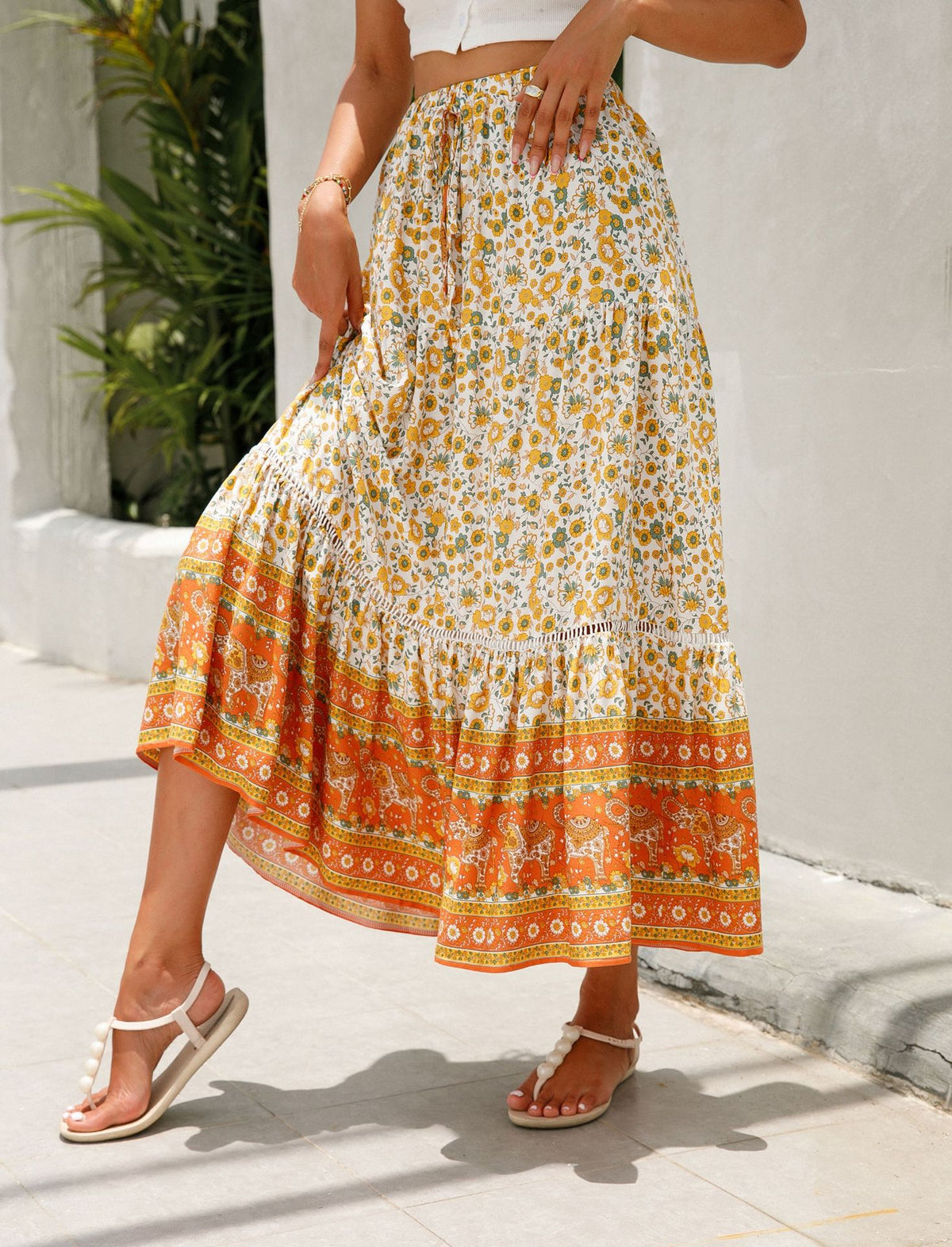 Floral Border Print Tiered Midi Skirt - Orange - 3