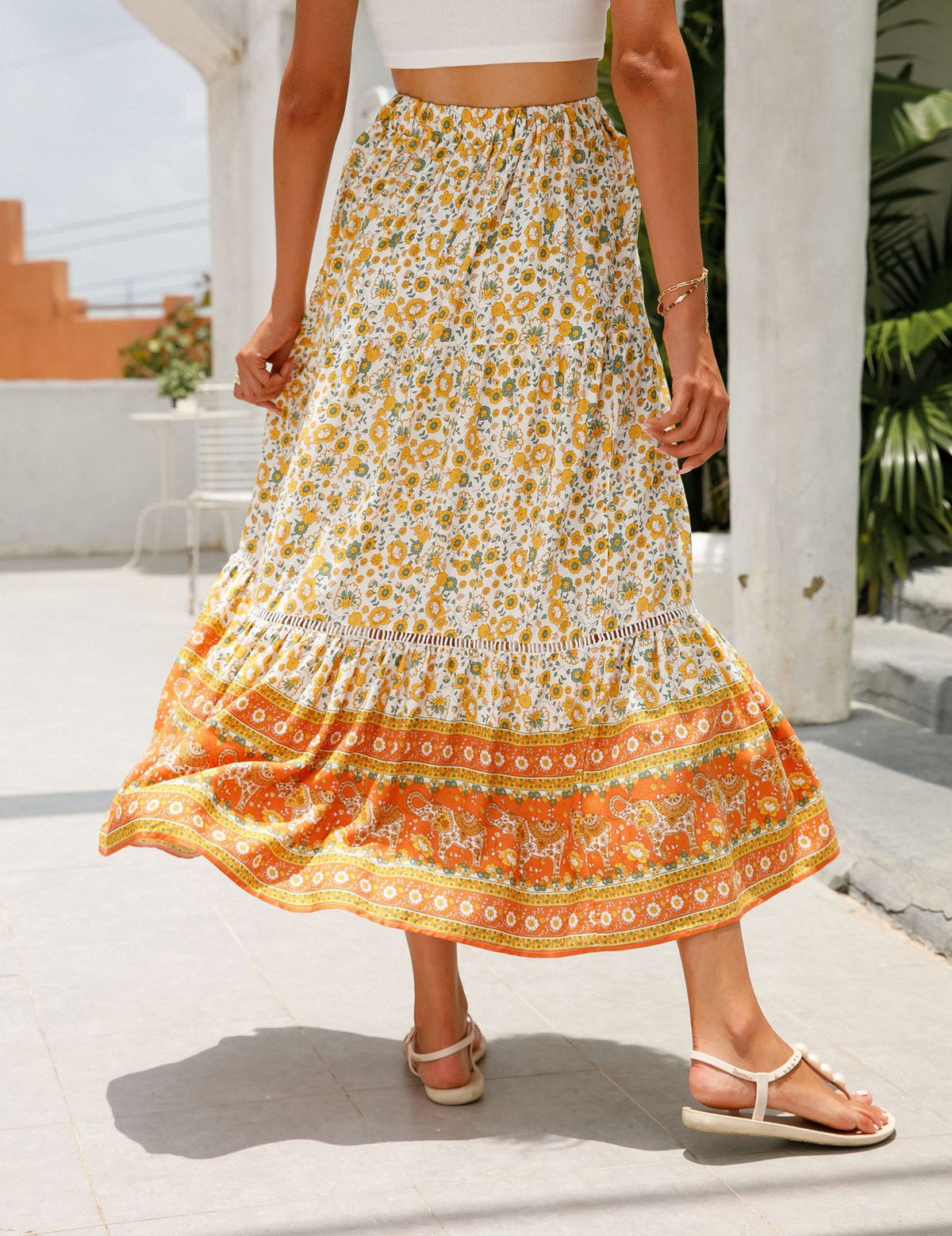 Floral Border Print Tiered Midi Skirt - Orange - 4