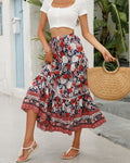 Floral Border Print Tiered Midi Skirt - Red