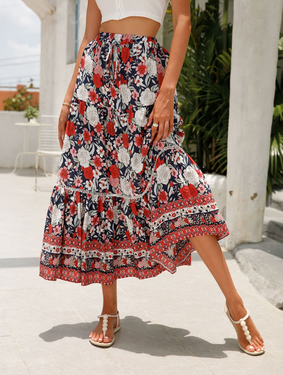 Floral Border Print Tiered Midi Skirt - Red - 1