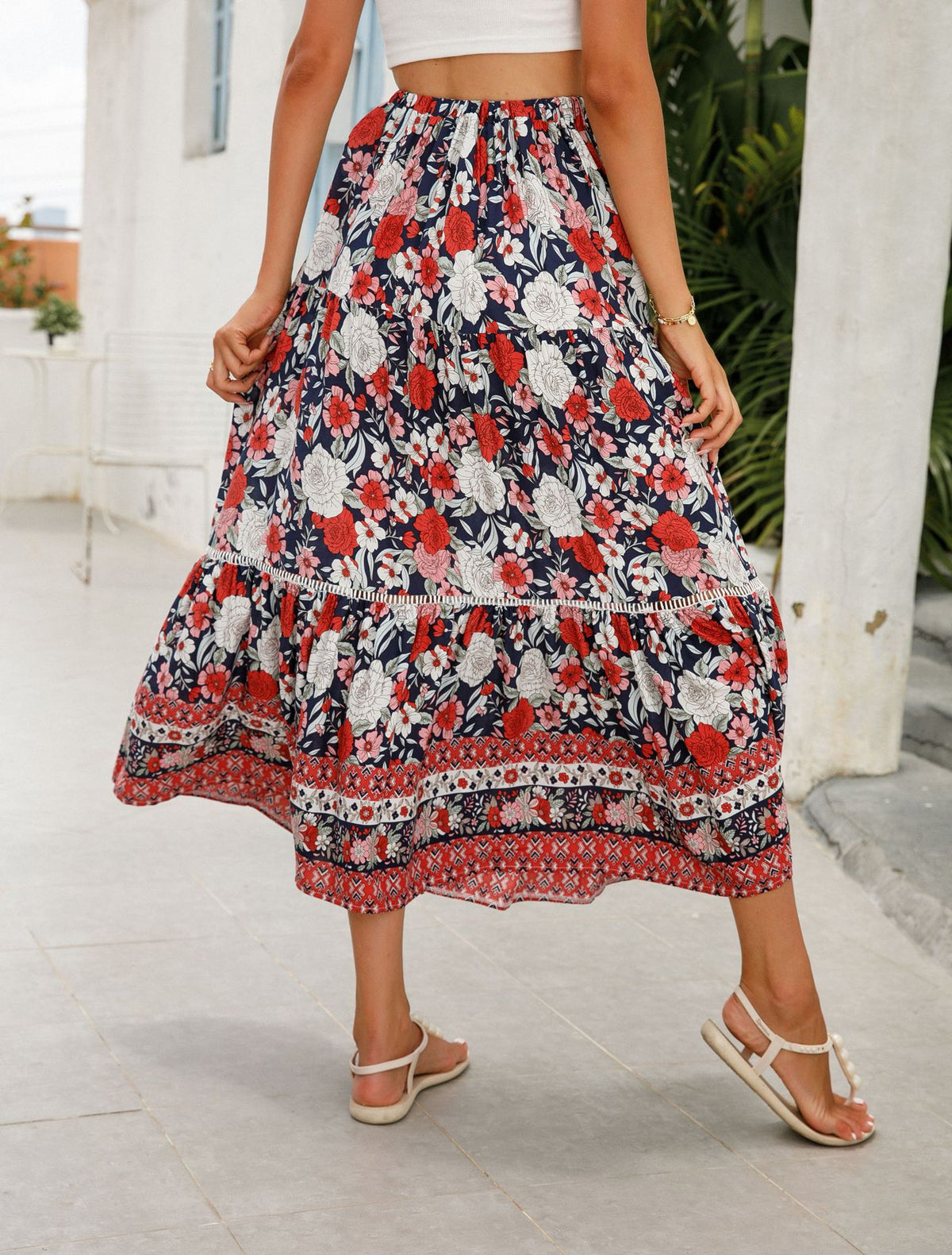 Floral Border Print Tiered Midi Skirt - Red - 2
