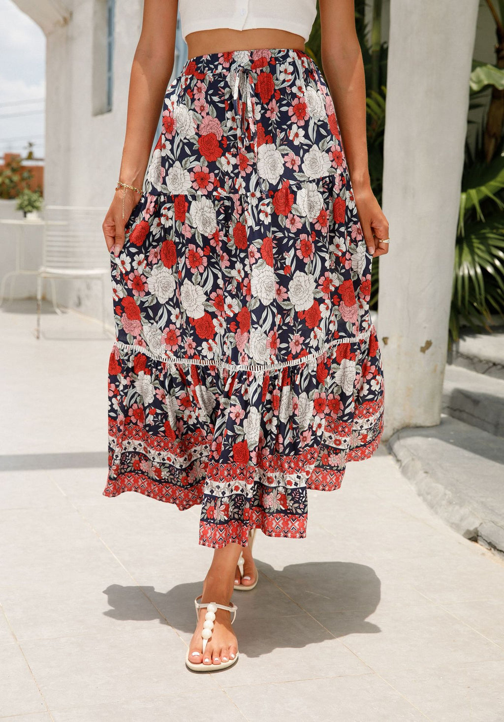 Floral Border Print Tiered Midi Skirt