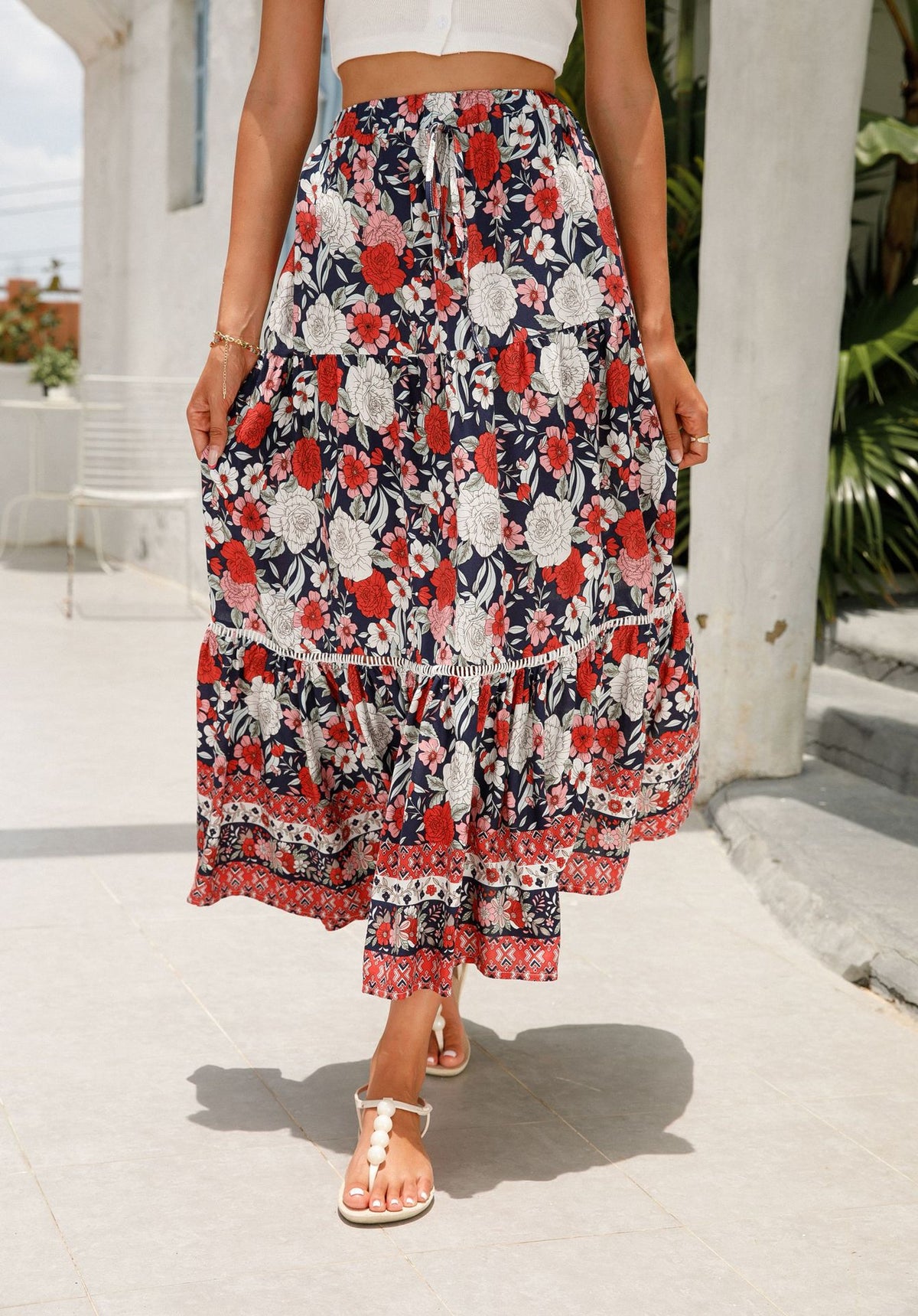 Floral Border Print Tiered Midi Skirt