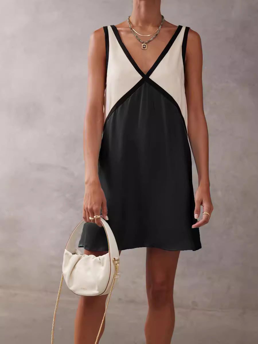 Contrast Panel Sleeveless A Line Mini Dress - black
