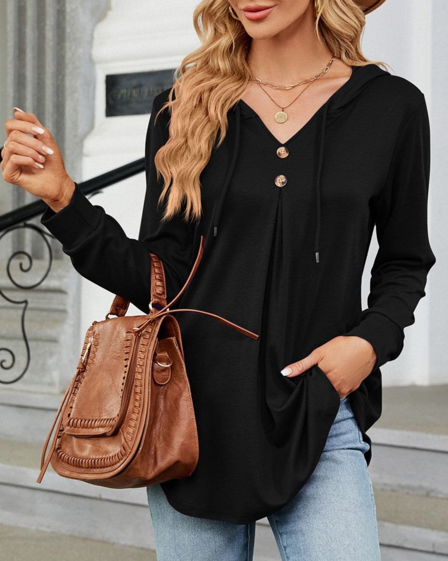 Drawstring Hood Button Placket Tunic Hoodie - Black