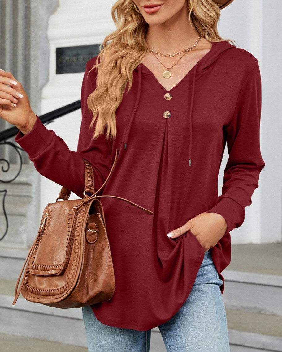 Drawstring Hood Button Placket Tunic Hoodie - Burgundy