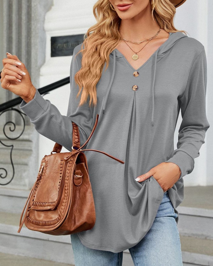 Drawstring Hood Button Placket Tunic Hoodie - Grey