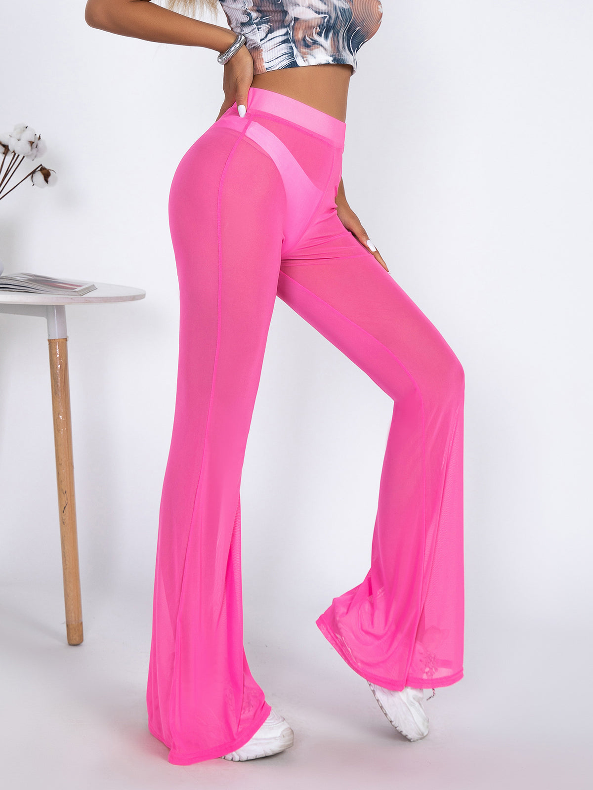 Sheer Mesh High Waist Flare Beach Pants - view 3