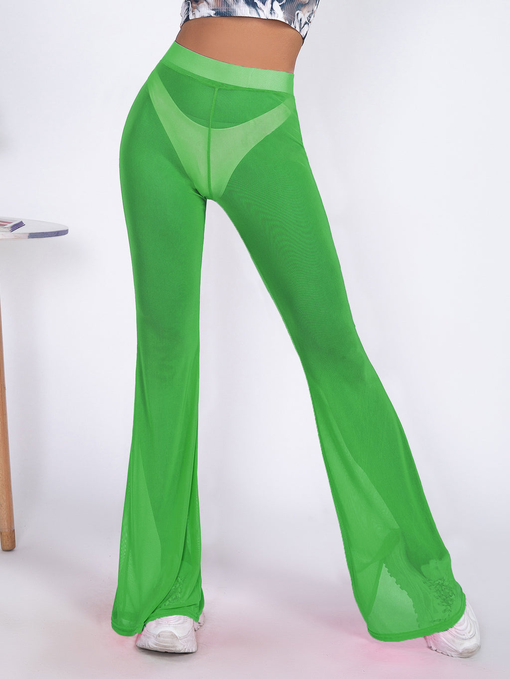 Sheer Mesh High Waist Flare Beach Pants - green
