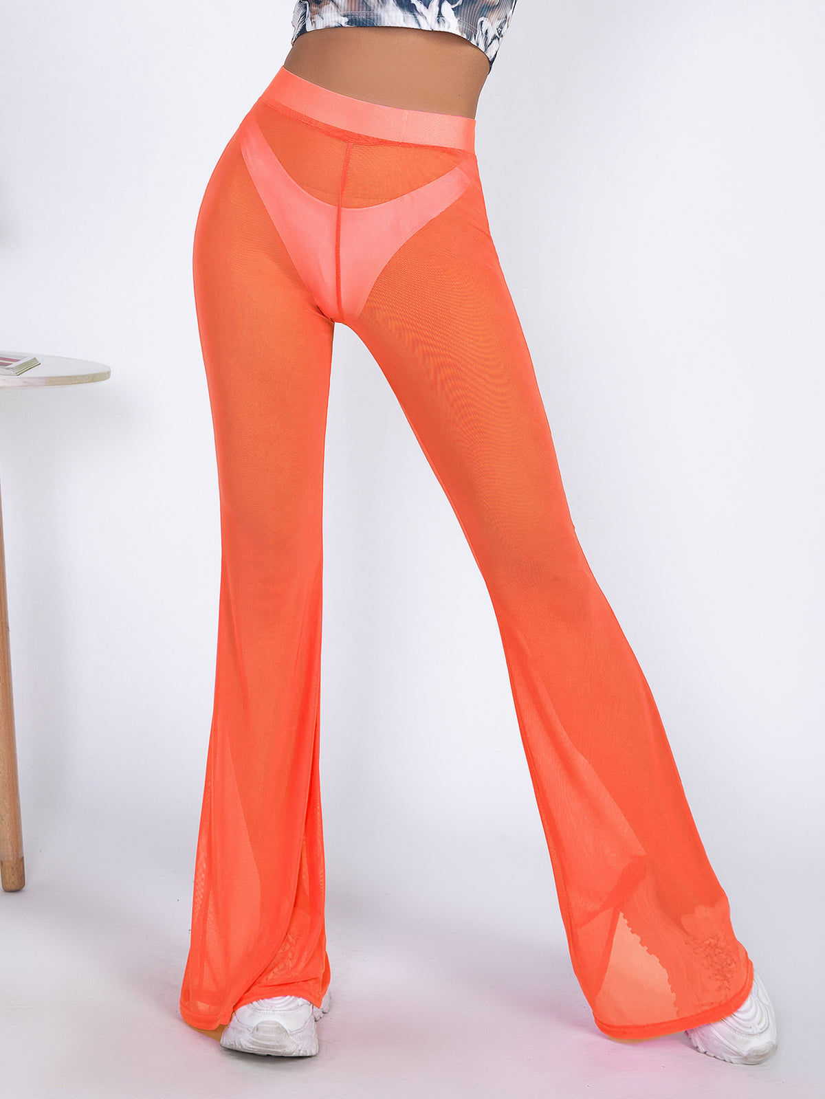 Sheer Mesh High Waist Flare Beach Pants - orange