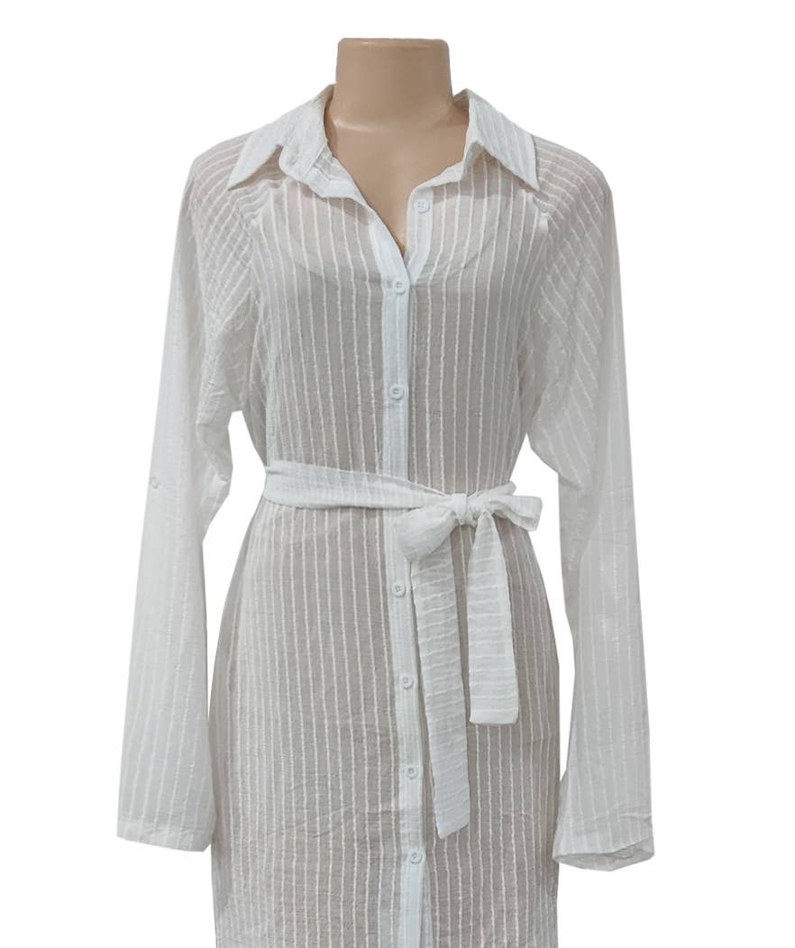 Sheer Striped Button Shirt Beach Cover Up