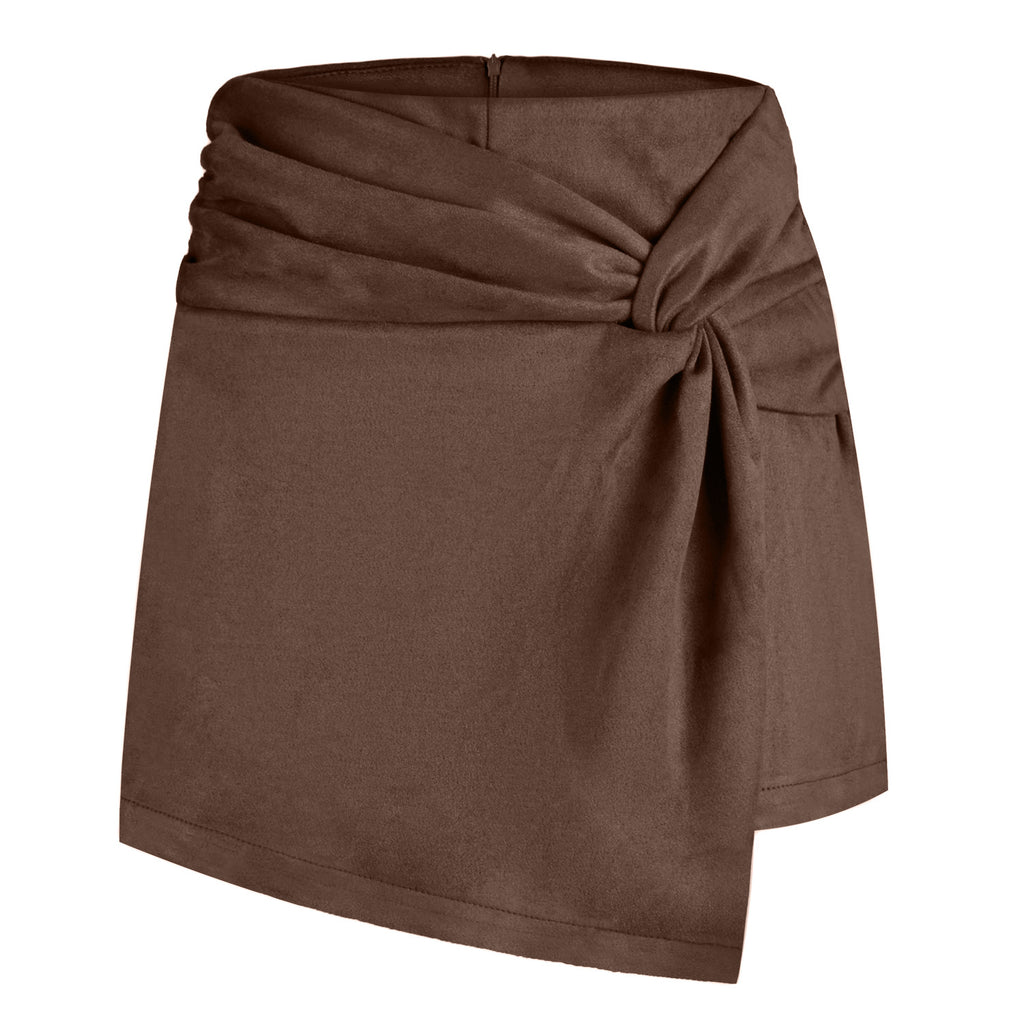 Knot Front Suede Wrap Mini Skirt - Brown