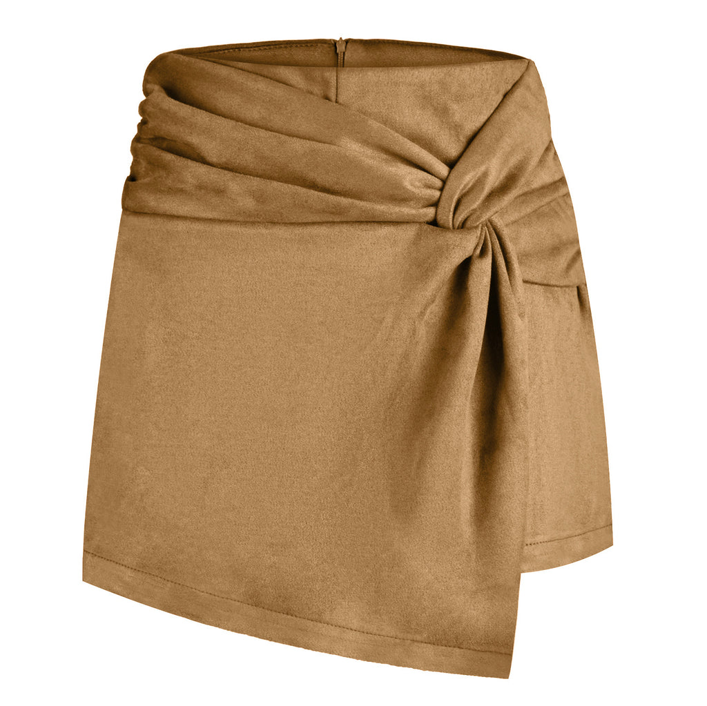 Knot Front Suede Wrap Mini Skirt - Camel