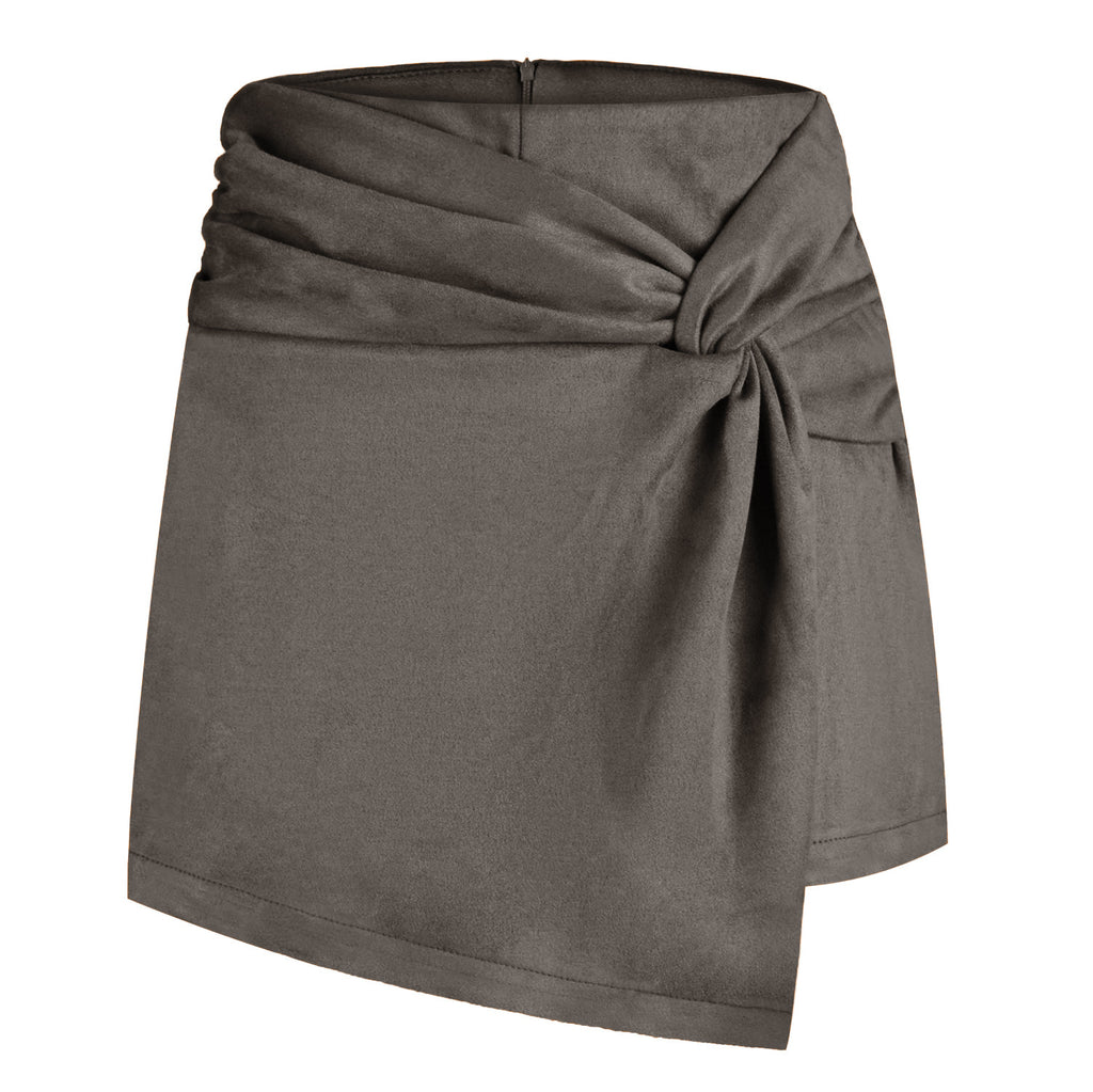Knot Front Suede Wrap Mini Skirt - Grey