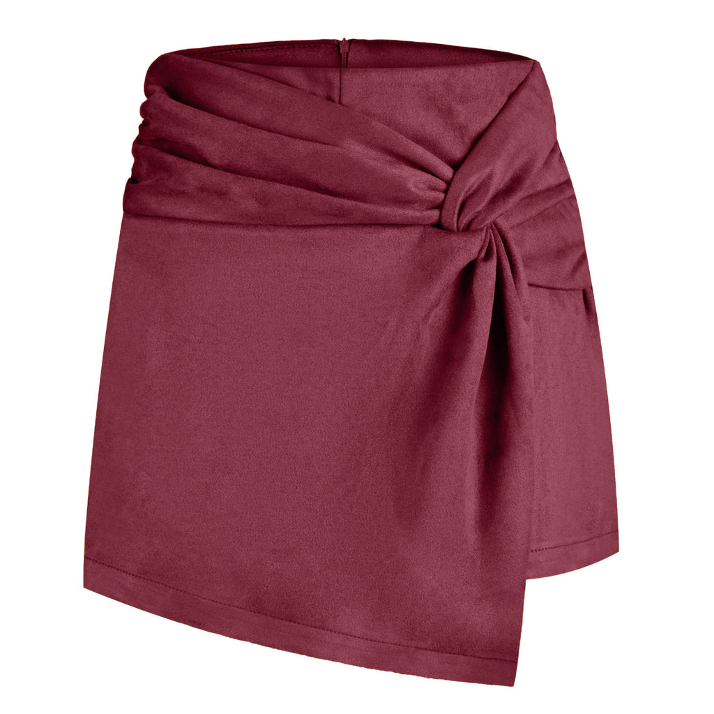 Knot Front Suede Wrap Mini Skirt - Red