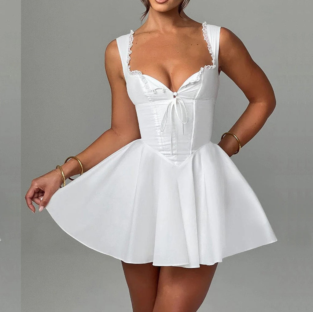 Corset Bodice Flared Skater Mini Dress - White - 3