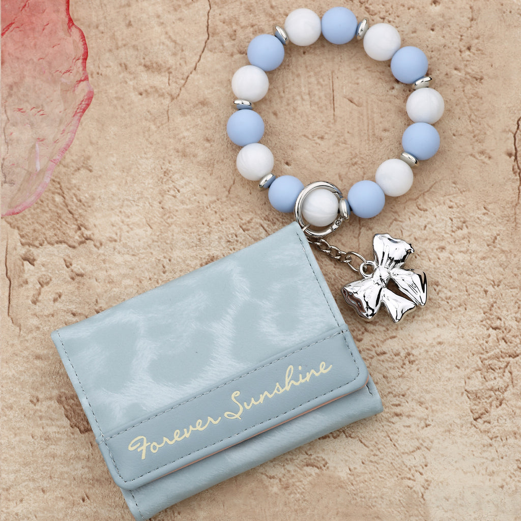 Leopard Trifold Wallet with Bow Charm Bead Wristlet - Blue