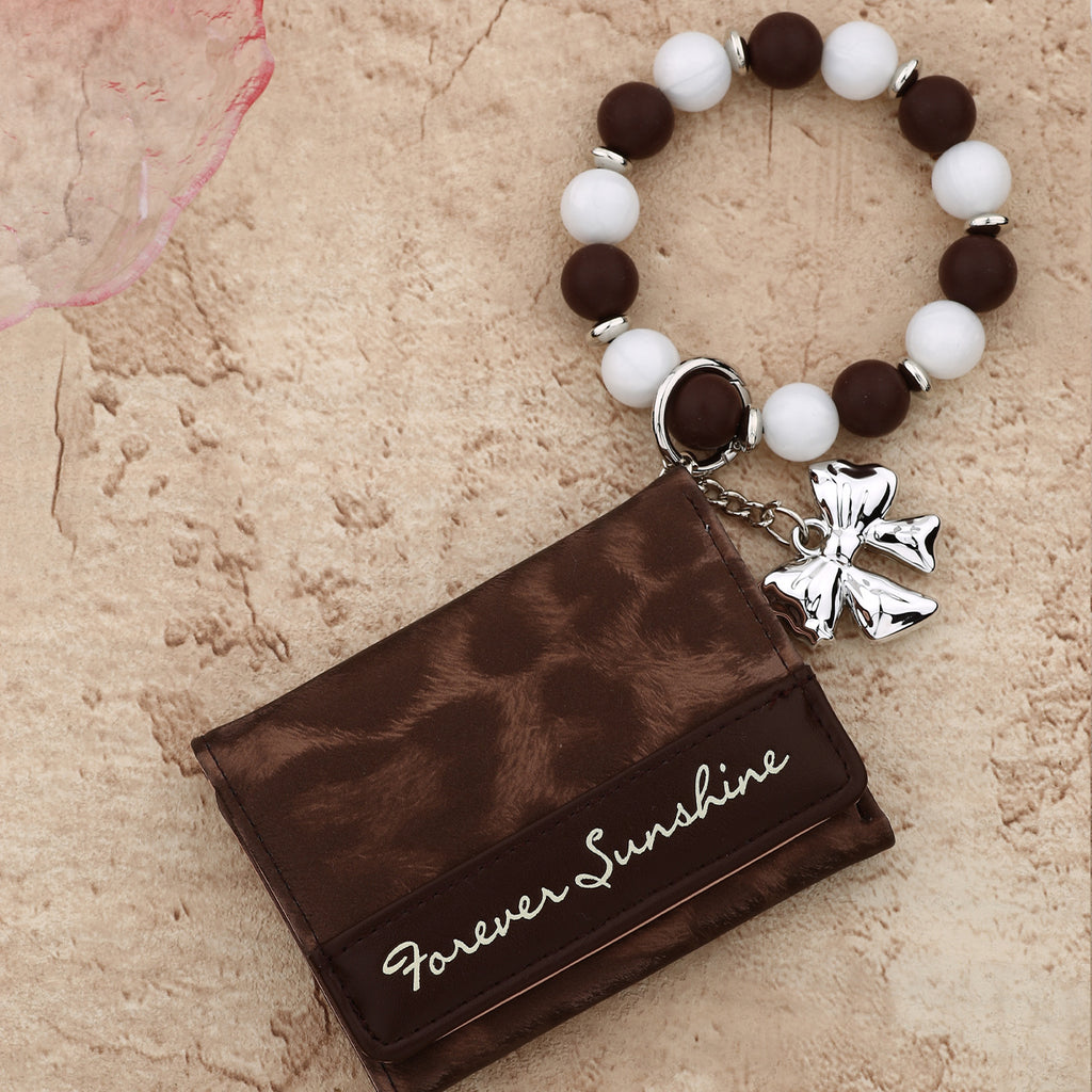 Leopard Trifold Wallet with Bow Charm Bead Wristlet - Brown