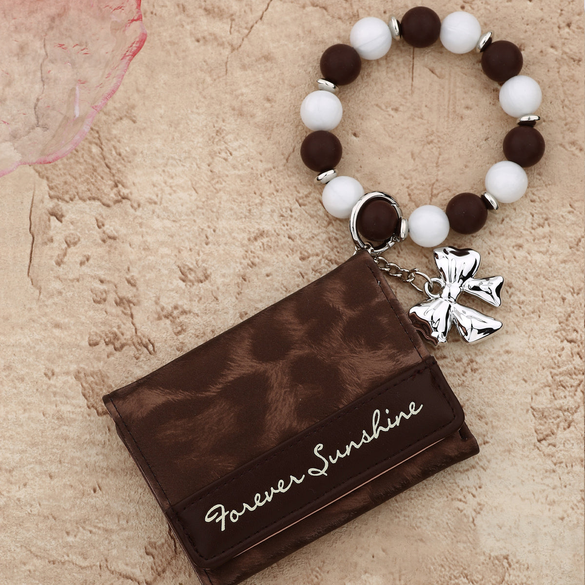 Leopard Trifold Wallet with Bow Charm Bead Wristlet - Brown