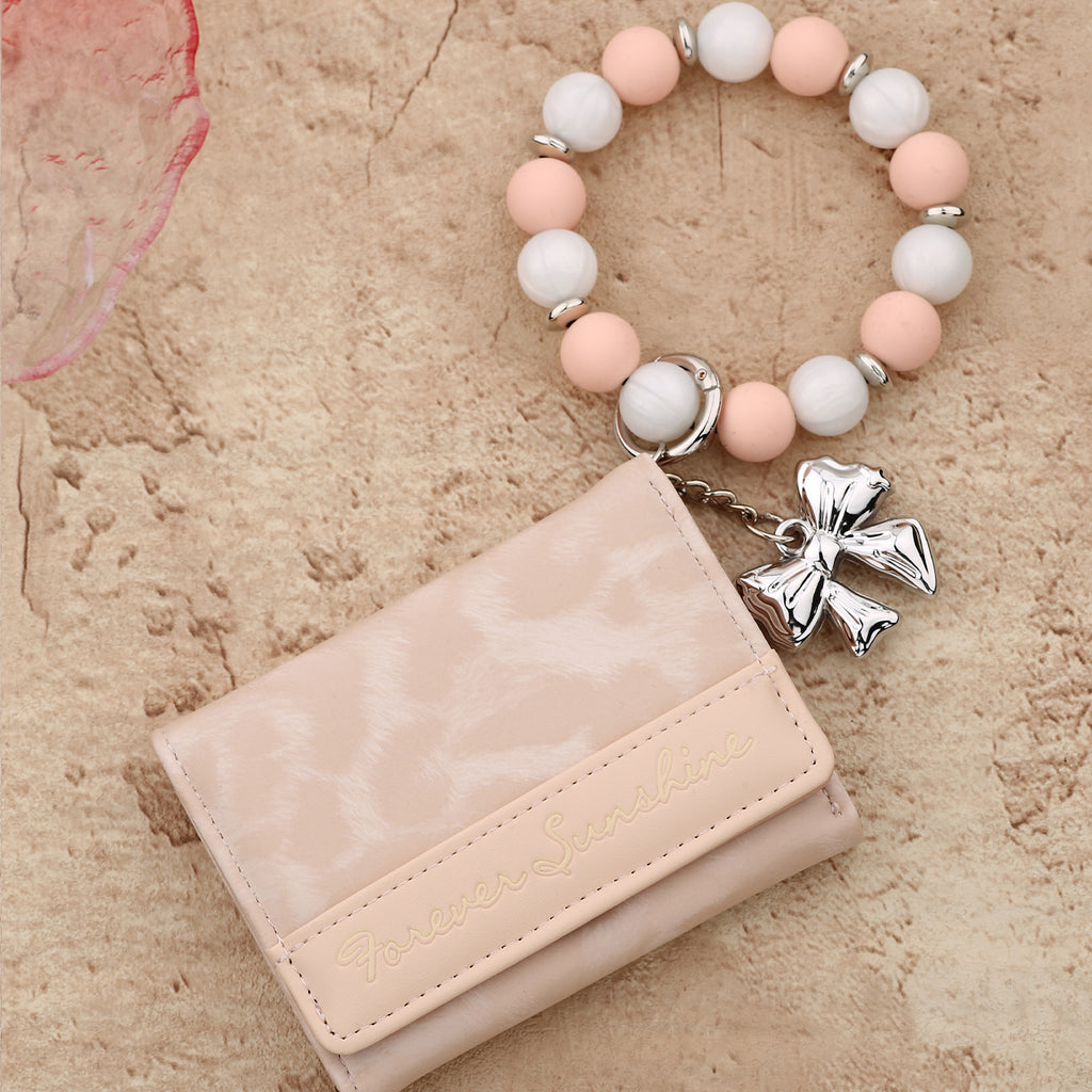 Leopard Trifold Wallet with Bow Charm Bead Wristlet - Pink