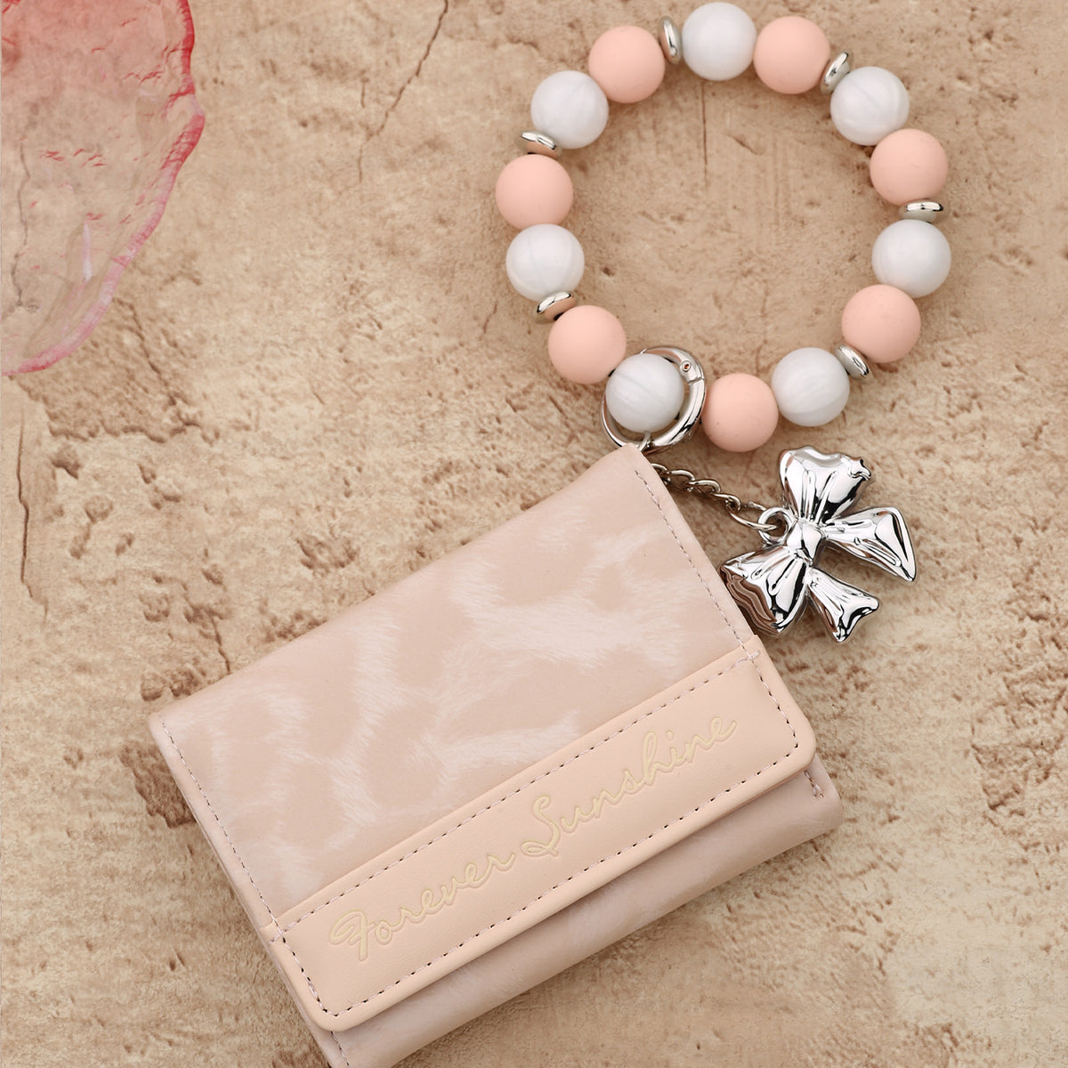 Leopard Trifold Wallet with Bow Charm Bead Wristlet - Pink