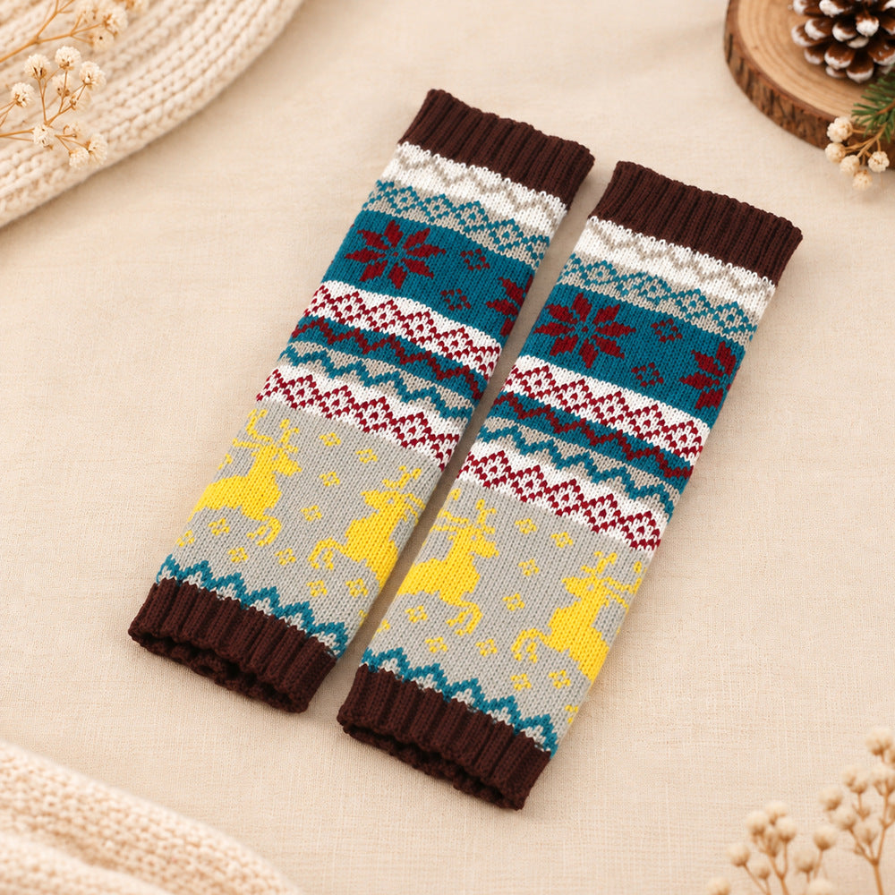 Fair Isle Reindeer Knit Fingerless Arm Warmer Gloves - Coffee