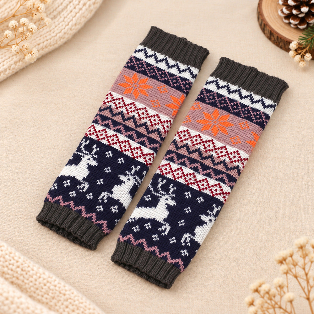 Fair Isle Reindeer Knit Fingerless Arm Warmer Gloves - Dark_Grey
