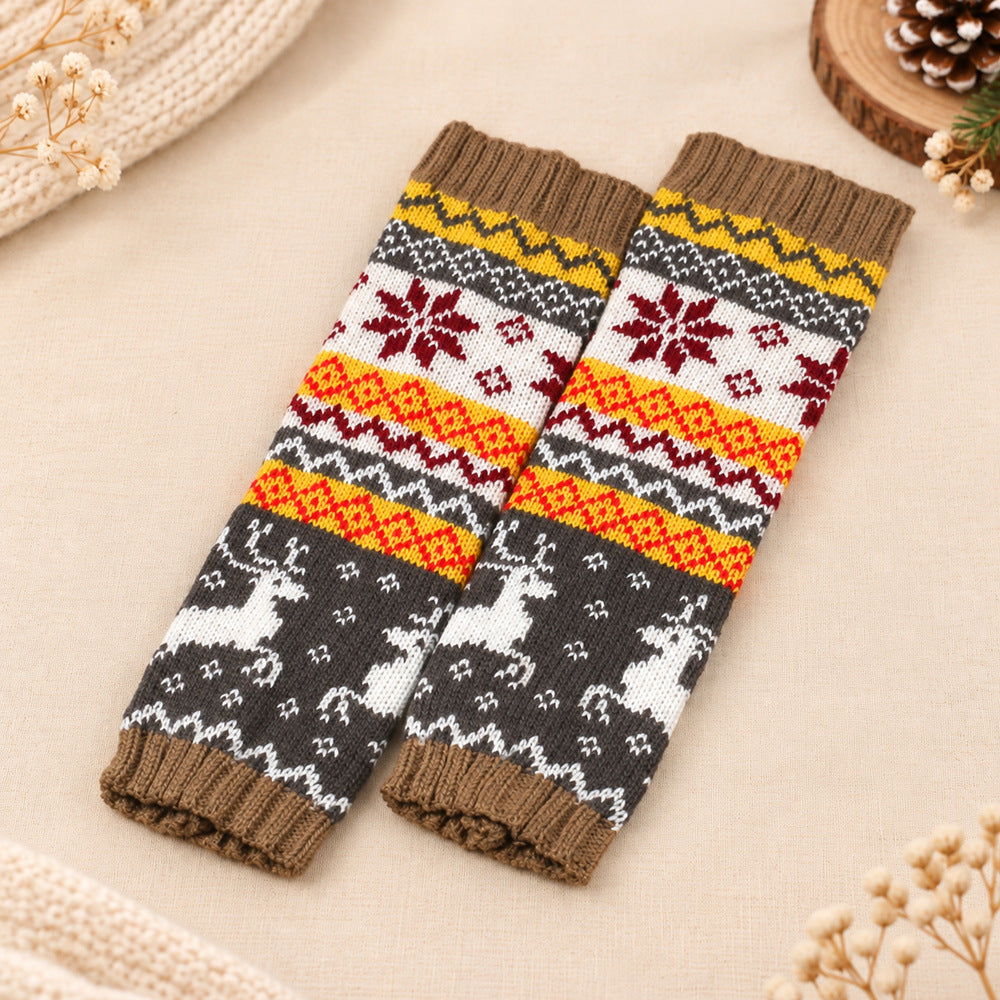 Fair Isle Reindeer Knit Fingerless Arm Warmer Gloves - Khaki