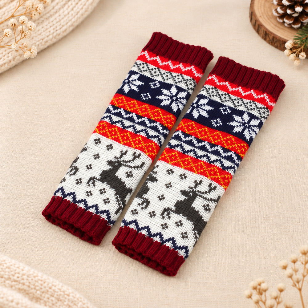Fair Isle Reindeer Knit Fingerless Arm Warmer Gloves - Wine_Red