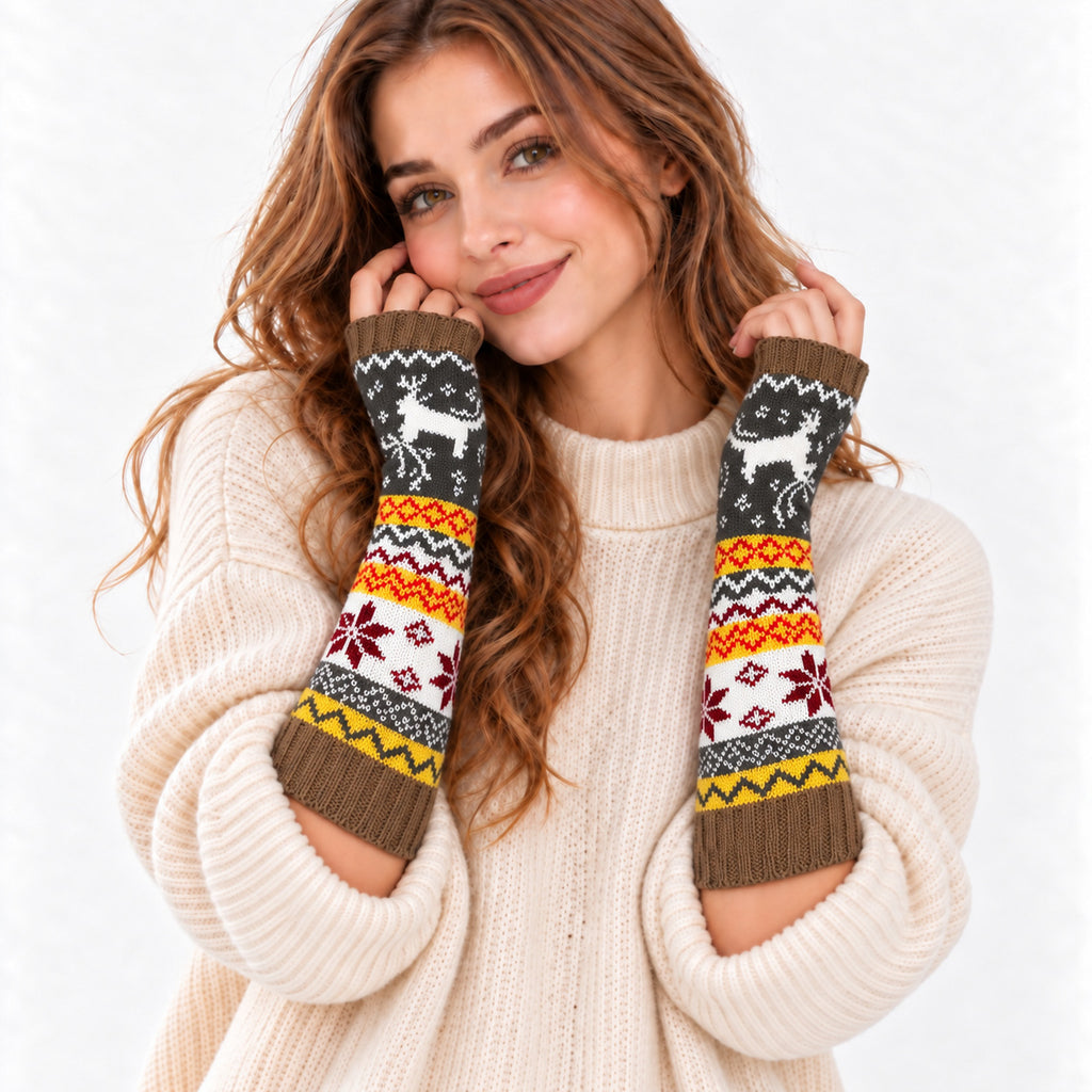Fair Isle Reindeer Knit Fingerless Arm Warmer Gloves