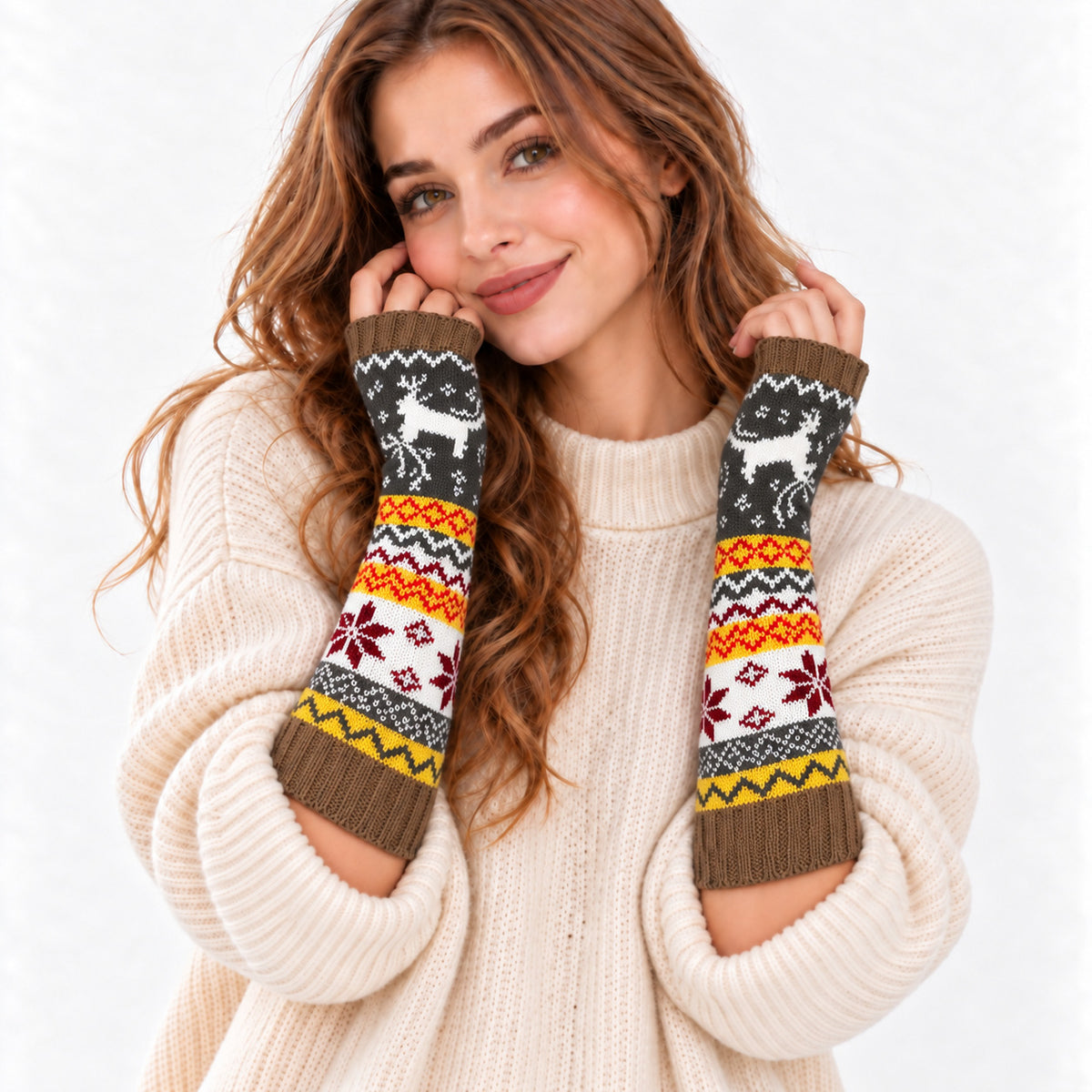 Fair Isle Reindeer Knit Fingerless Arm Warmer Gloves