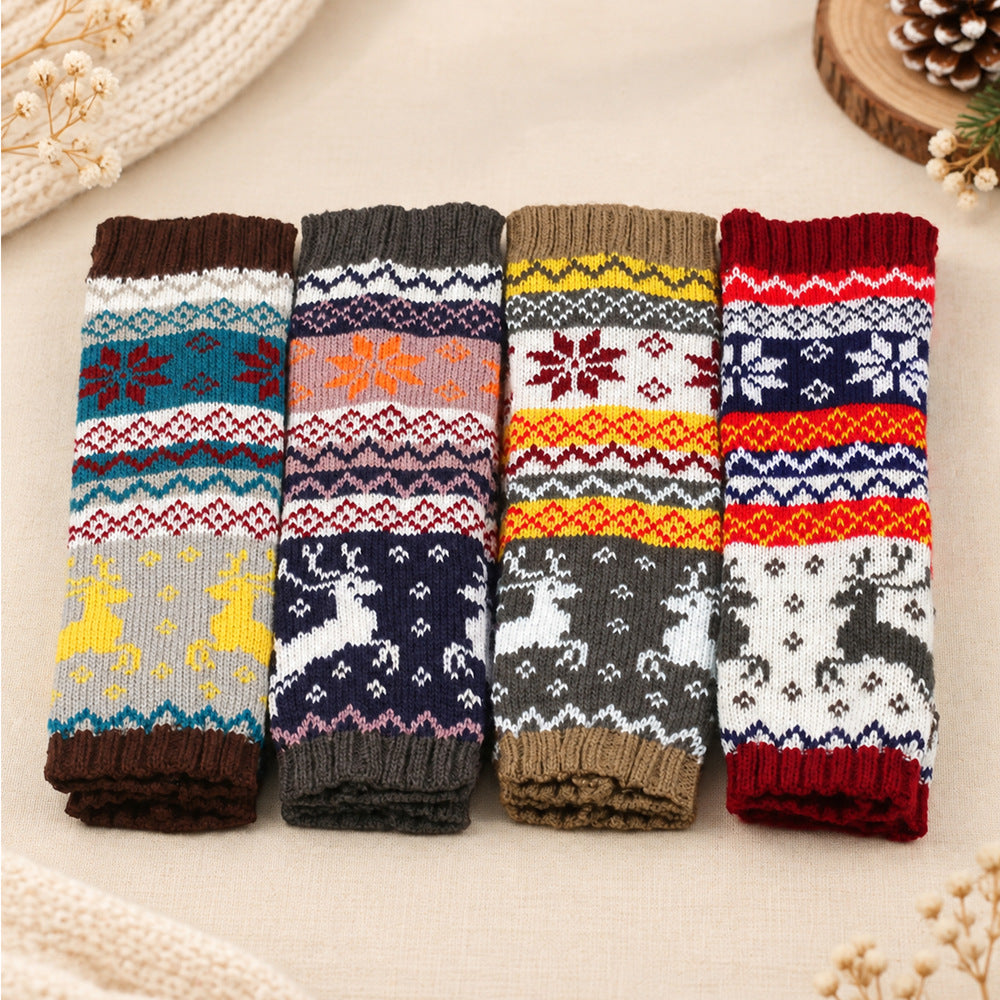 Fair Isle Reindeer Knit Fingerless Arm Warmer Gloves - view 1