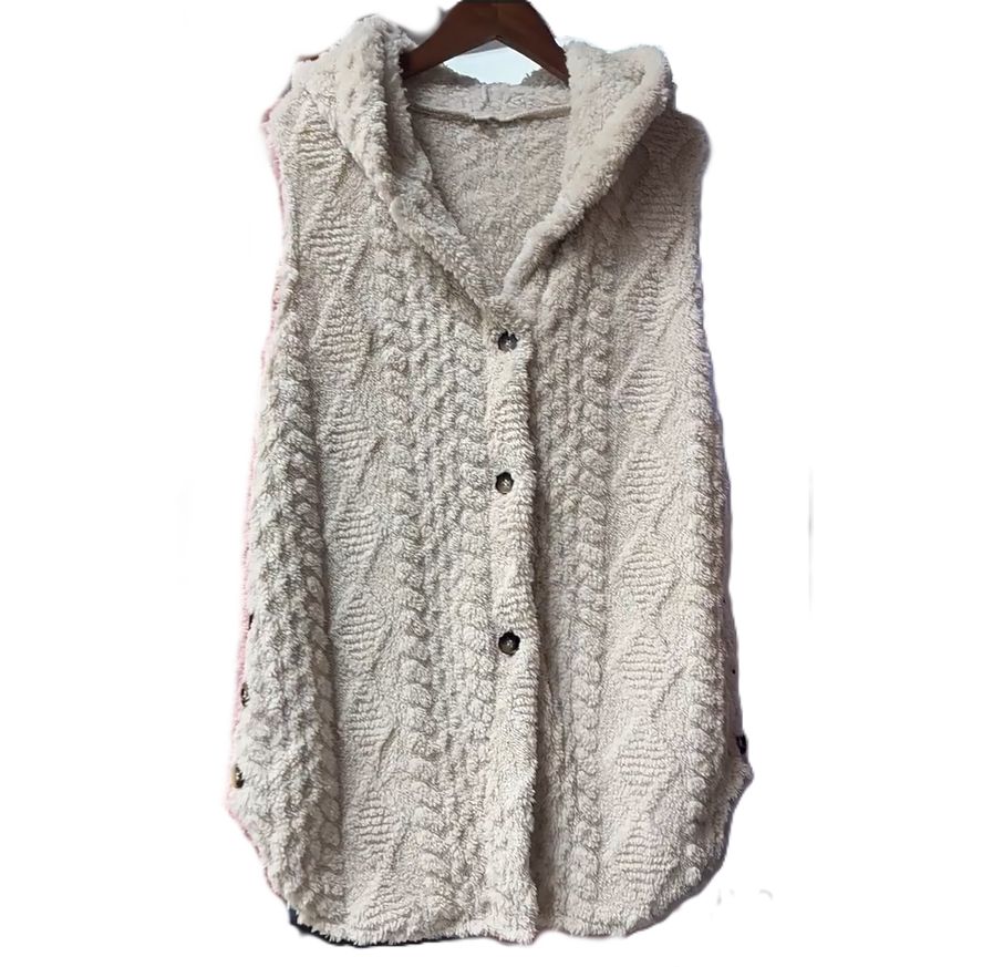 Cable Knit Hooded Longline Button Vest - Apricot