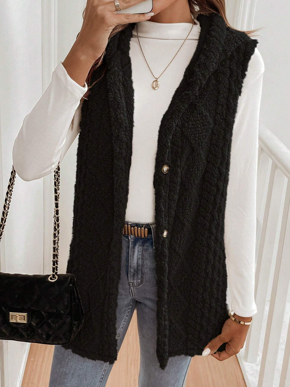 Cable Knit Hooded Longline Button Vest - Black