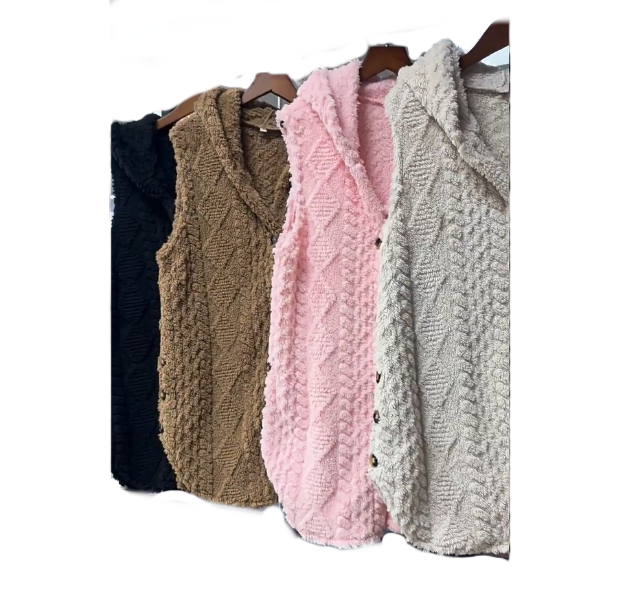 Cable Knit Hooded Longline Button Vest - Black - 1