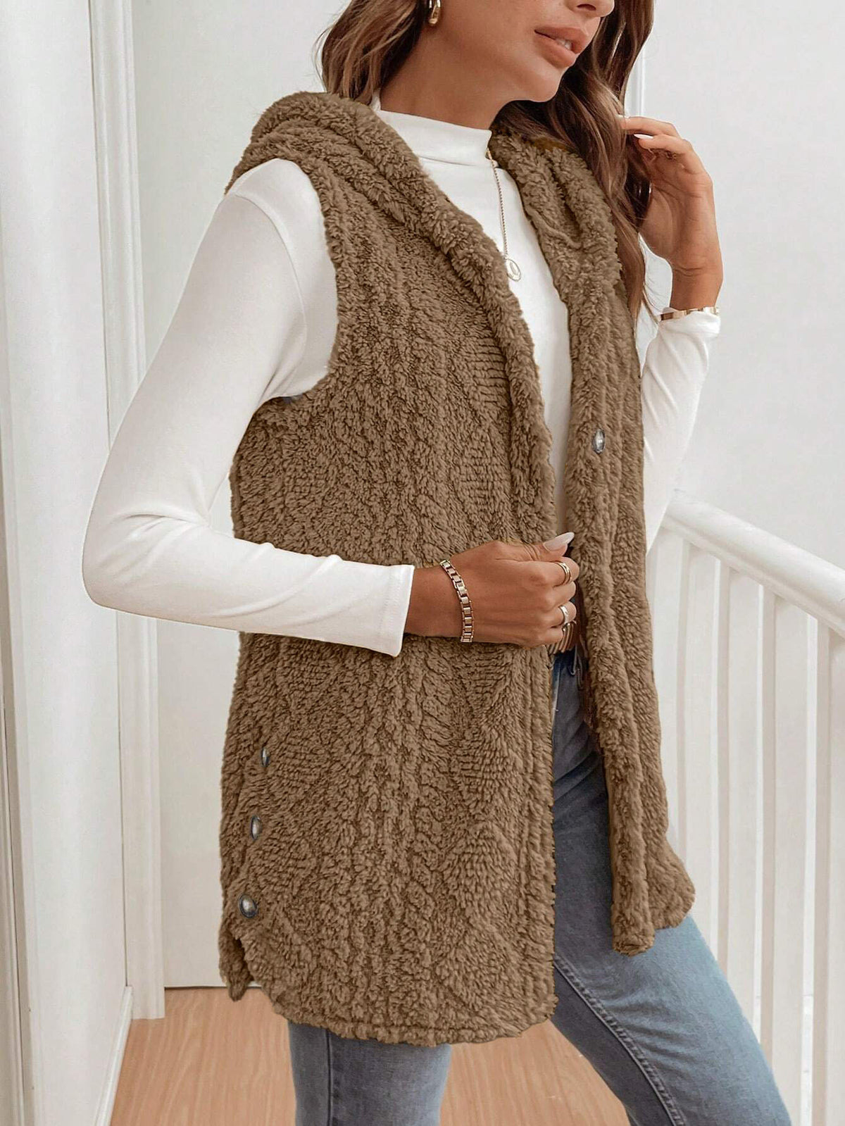 Cable Knit Hooded Longline Button Vest - Brown