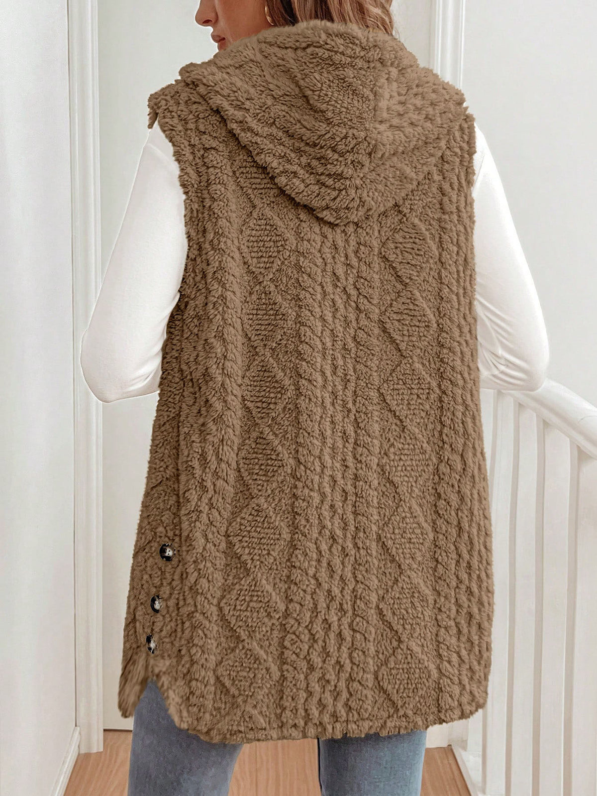 Cable Knit Hooded Longline Button Vest - Brown - 1