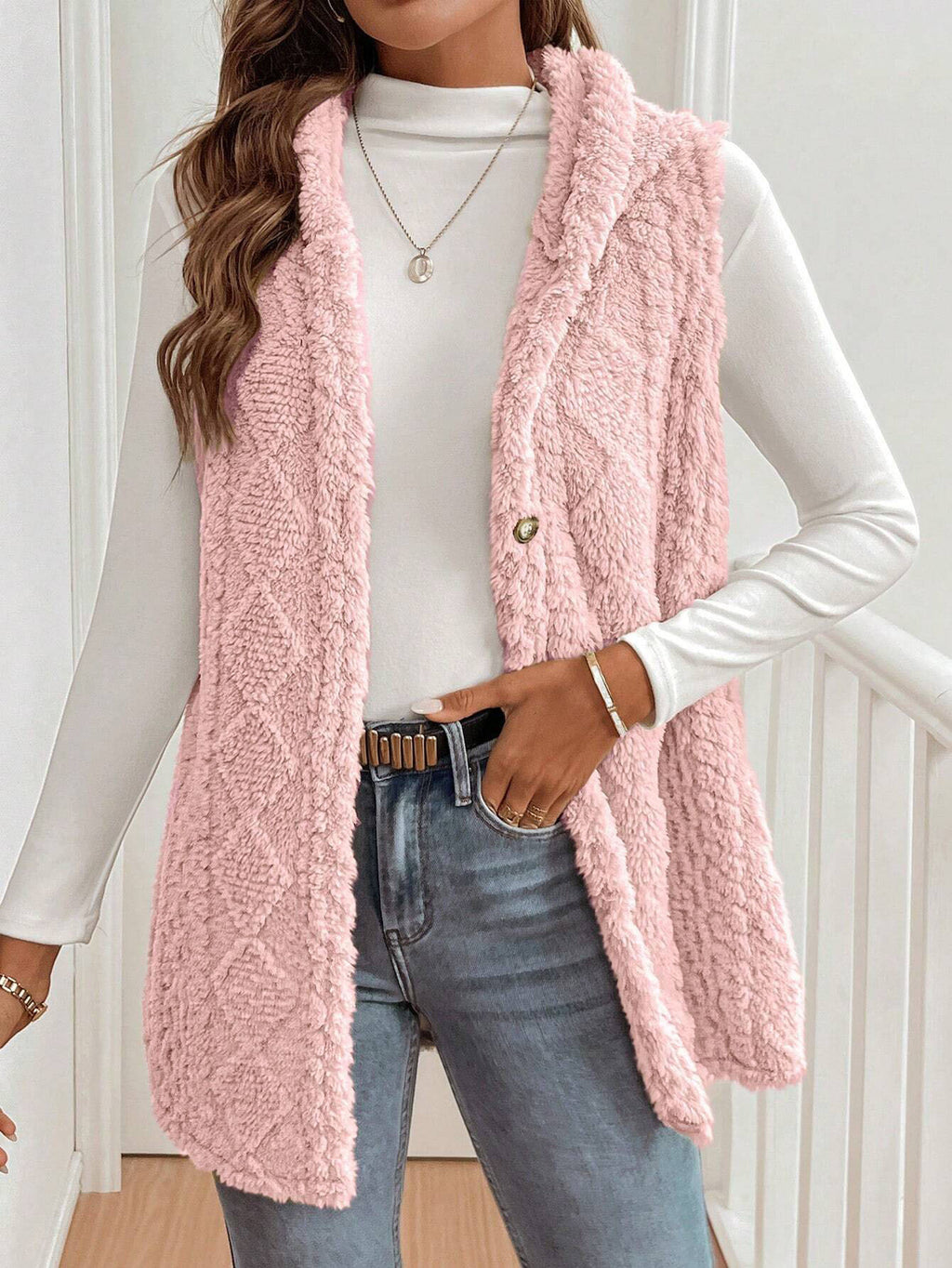 Cable Knit Hooded Longline Button Vest - Pink