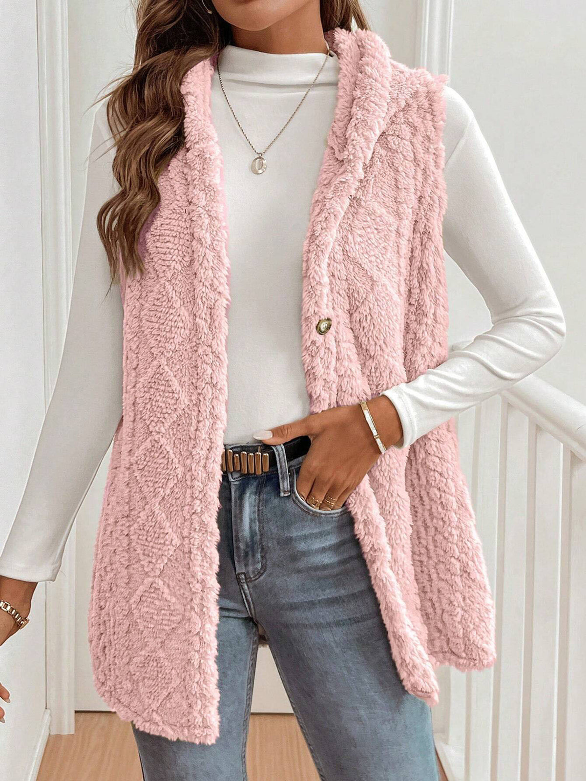 Cable Knit Hooded Longline Button Vest - Pink