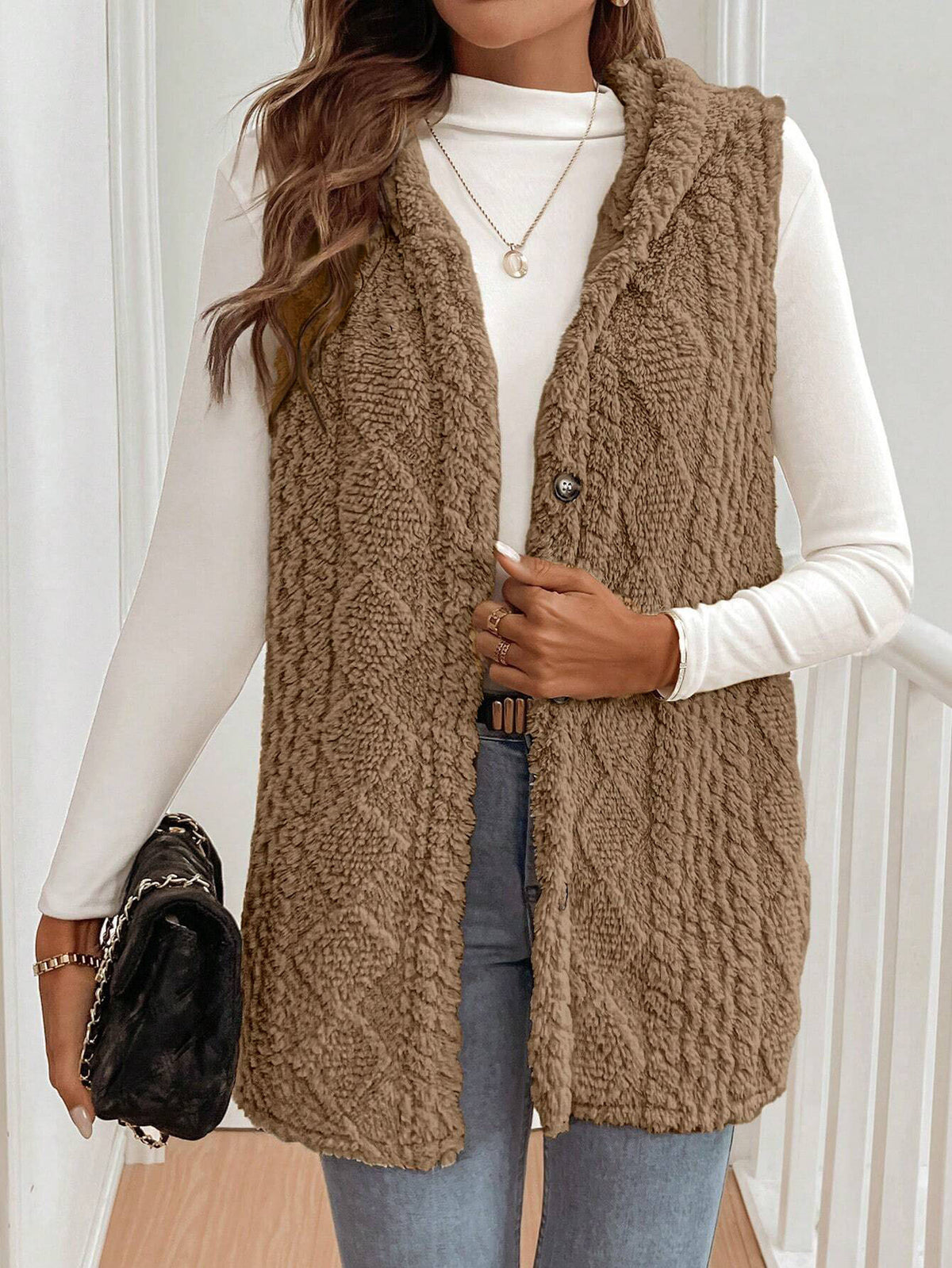 Cable Knit Hooded Longline Button Vest
