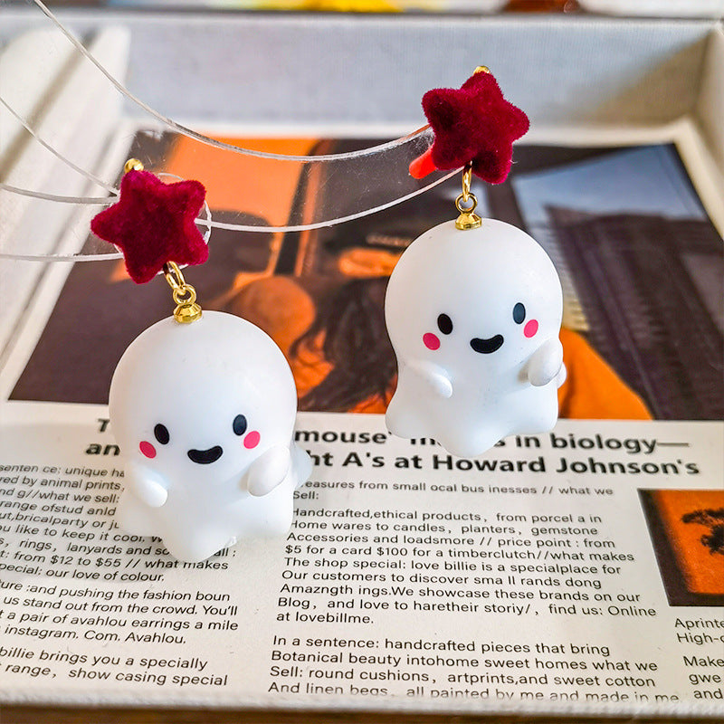 Novelty Ghost Drop Earrings With Star Studs - Red