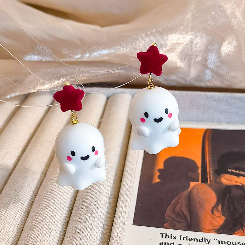 Novelty Ghost Drop Earrings With Star Studs - Red - 2