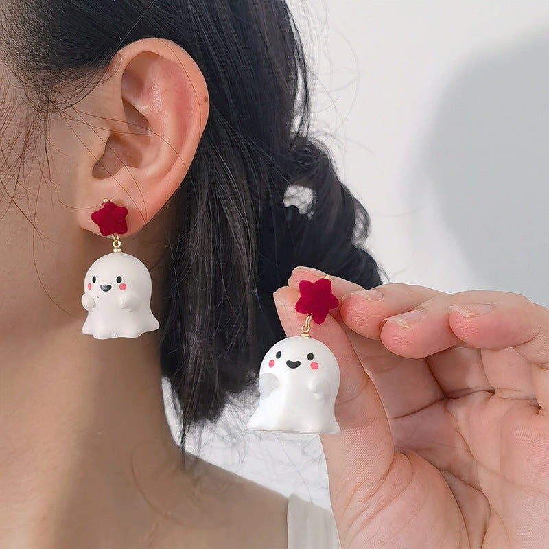 Novelty Ghost Drop Earrings With Star Studs - Red - 3