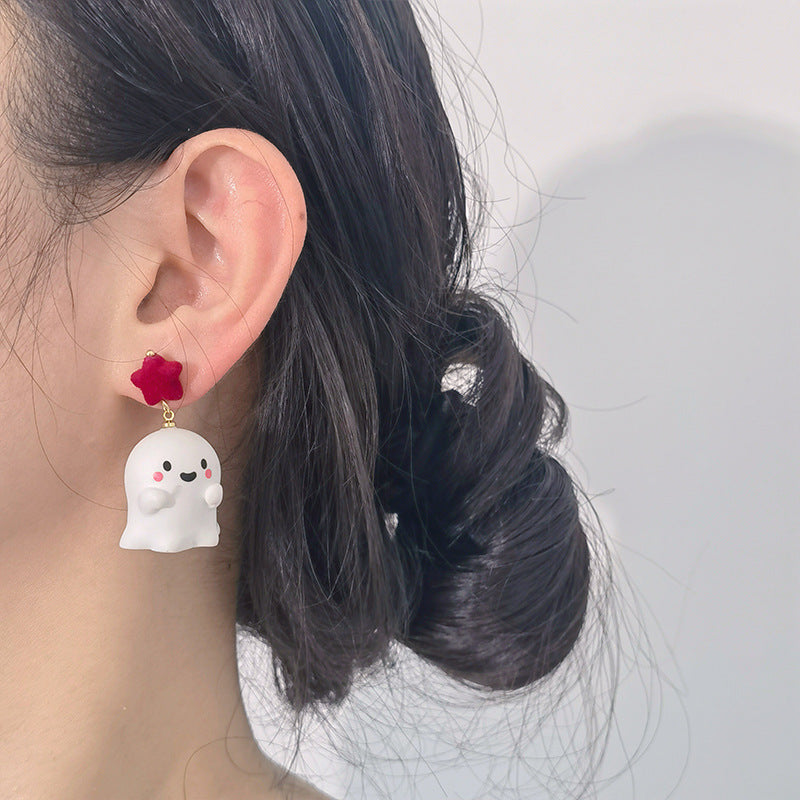 Novelty Ghost Drop Earrings With Star Studs - Red - 4