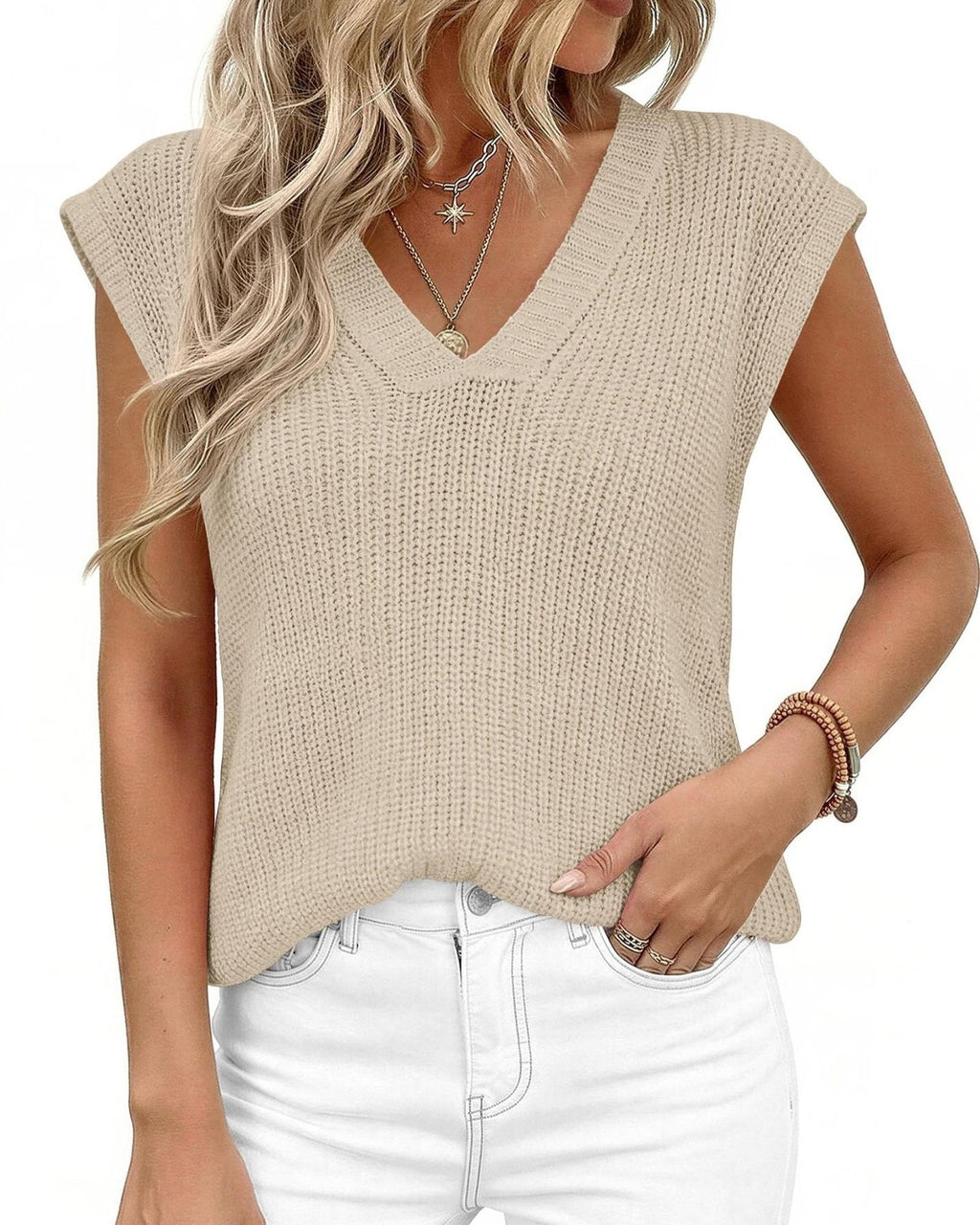 Textured Knit Drop Shoulder Top With V Neckline - Apricot